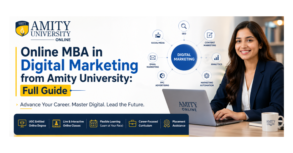 Online MBA in Digital Marketing from Amity University with student using laptop and digital marketing icons like SEO, social media, analytics, and content marketing
